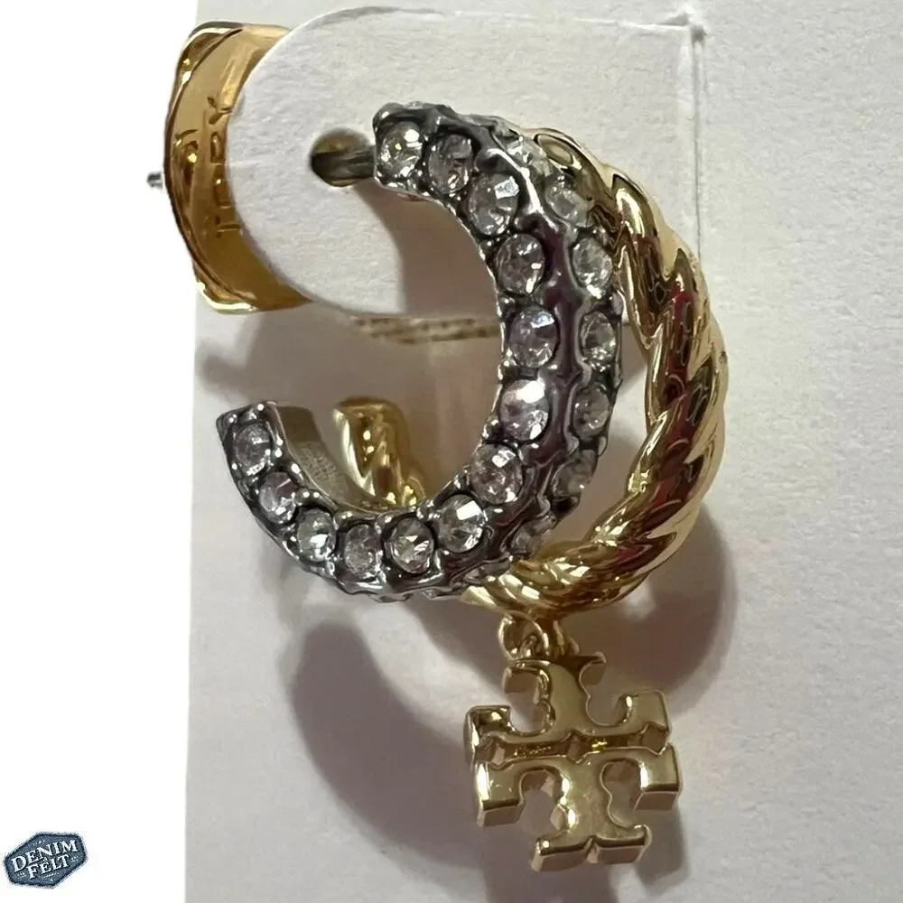 Tory‎ Burch Women’s Gold/Silver TEXTURED ROPE PAVE HUGGIE EARRINGS | NEW!!